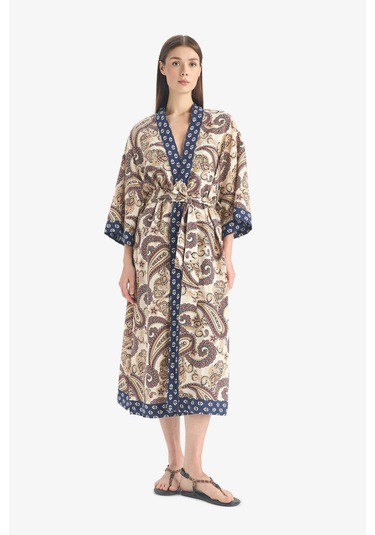 Defacto Regular Fit Kuşaklı Etnik Desenli Pamuklu Kimono-fall İn Love D0456ax25spnv247 Lacivert