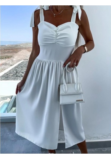 Kadın Yaz Baskılı Seksi Boyundan Bağlamalı Günlük Bölünmüş Elbiseler Beyaz