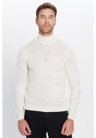 Erkek Slim Fit Dar Kesim Tam Boğazlı Yaka Düz Yün Beyaz Triko Kazak-25727 Beyaz