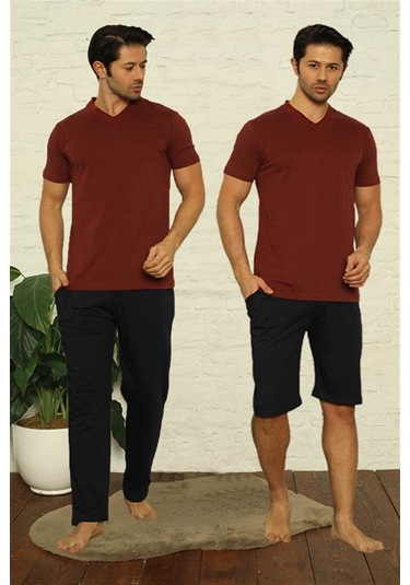 Akbeniz Erkek Bordo V Yaka 3'Lü Pijama Takım 6822-Bordo