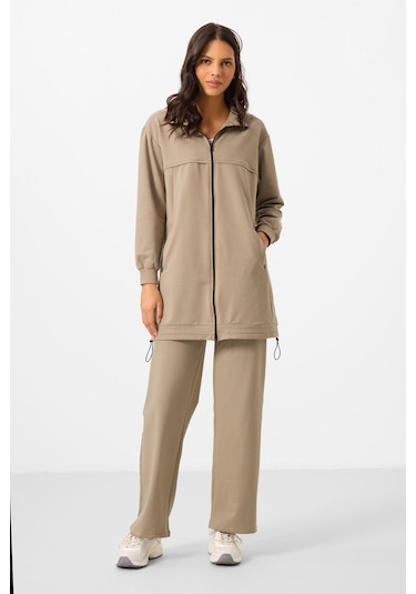 Koyu Bej Dik Yaka Fermuarlı Pamuklu Kadın Eşofman Tunik Takım - 95346 Bej