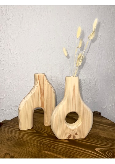 O&a Wood Doğal Ahşap Dekoratif Ikili Takım Biblo Vazo Renksiz