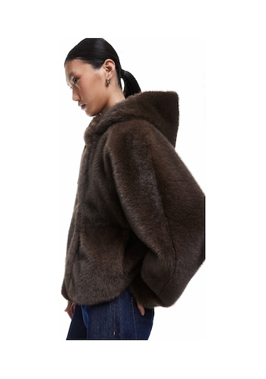Koton Kapüşonlu Cepli Oversize Suni Kürk Kaban Kahverengi 6wak00206ew Kahve