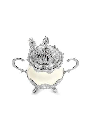 Kapaklı Ve Kaşıklı Lüks Porselen Şekerlik Lokumluk Gümüş