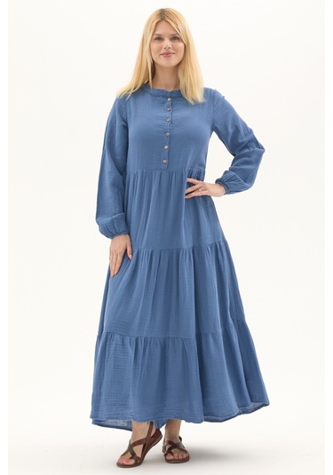 Uzun Kol İndigo Düğmeli Yazlık Uzun Müslin Elbise İndigo