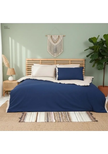 Ham Lacivert Çift Taraflı Tek Kişilik Nevresim Seti Krem Lacivert