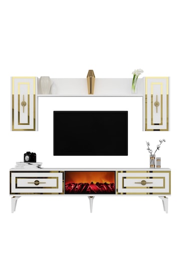 Violla Şömineli Tv Ünitesi Takımı Beyaz-altın