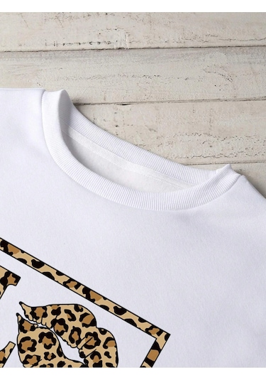 Startmore Leopard & Letter Graphic Lined Sweatshirt Beyaz Beyaz