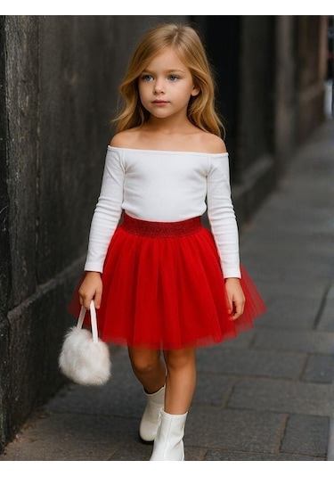 Kız Çocuk Beli Lastikli Tütü Etek-16227 Kırmızı