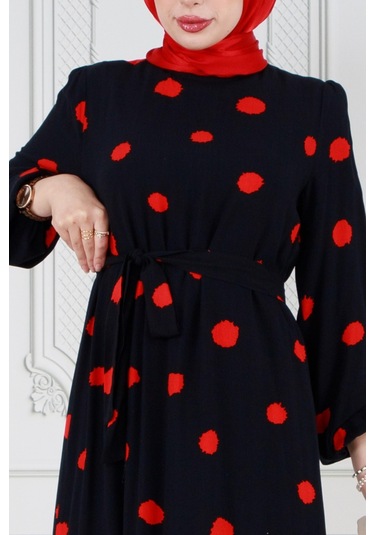 Puantiyeli Kuşaklı Tesettür Elbise-kırmızı-3588-gece Mavisi Gece Mavisi