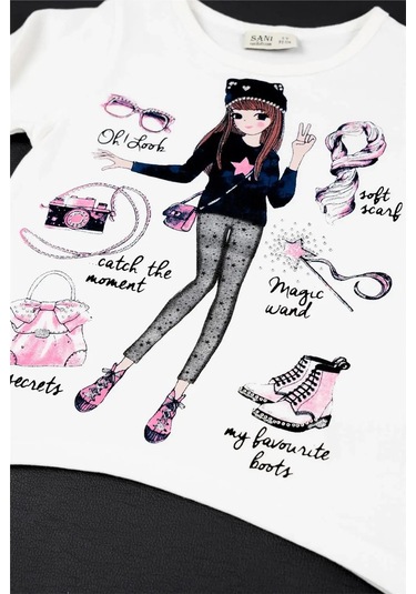 Kız Bebek Beyaz Lacivert Baskılı Mevsimlik Tişört Tayt Takım Beyaz - Siyah