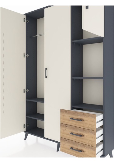 Arges Dolap 5 Raflı 3 Çekmeceli Tek Askılı 132x30x195 Antrasit-aytaşı/çam Aytası/atlas Çam