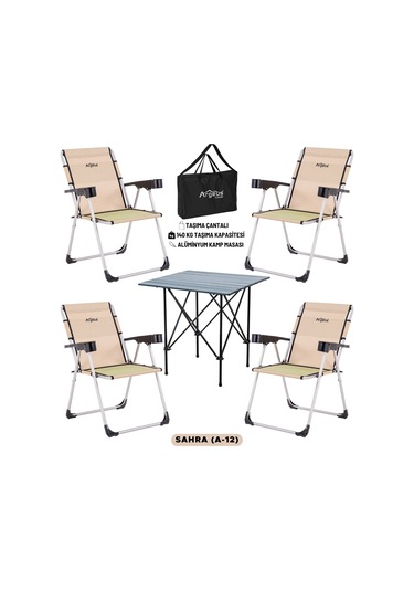 4 Adet Katlanır Kamp Sandalyesi Ve Alüminyum Masa Seti - Rock Dark - Sahra - Taşıma Çantalı Çok Renkli