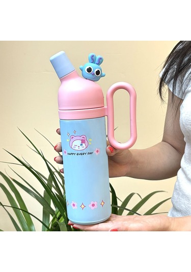 2024 Yeni Termos Kupası Çizgi Film 316 Paslanmaz Çelik Taşınabilir Su Bardağı Kolu Sevimli Büyük Kapasite Pipet Bardak Pembe Mavi-wura Termos Kupası