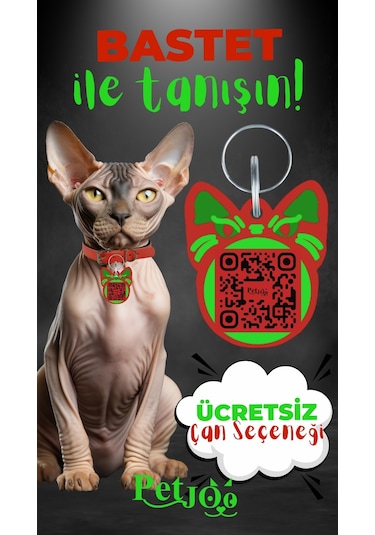 Petjoo 1.Bastet Yeşil-Kırmızı Qr'lı Kedi Künyesi