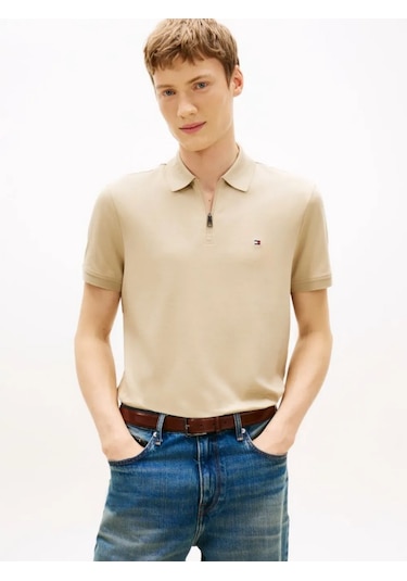 Tommy Hilfiger Mw0mw42758rbt Interlock Zip Reg Erkek Polo Tişört Bej