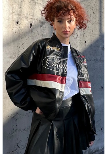 Bigdart 0698 Baskılı Suni Deri Bomber Ceket - Siyah 001