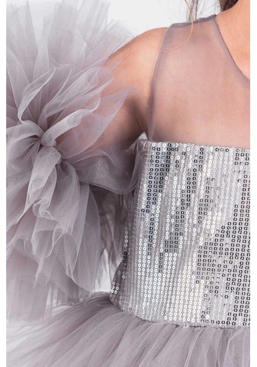 Kız Çocuk Abiye Elbise Ponpon Kol Pul Payetli Tütülü Gri