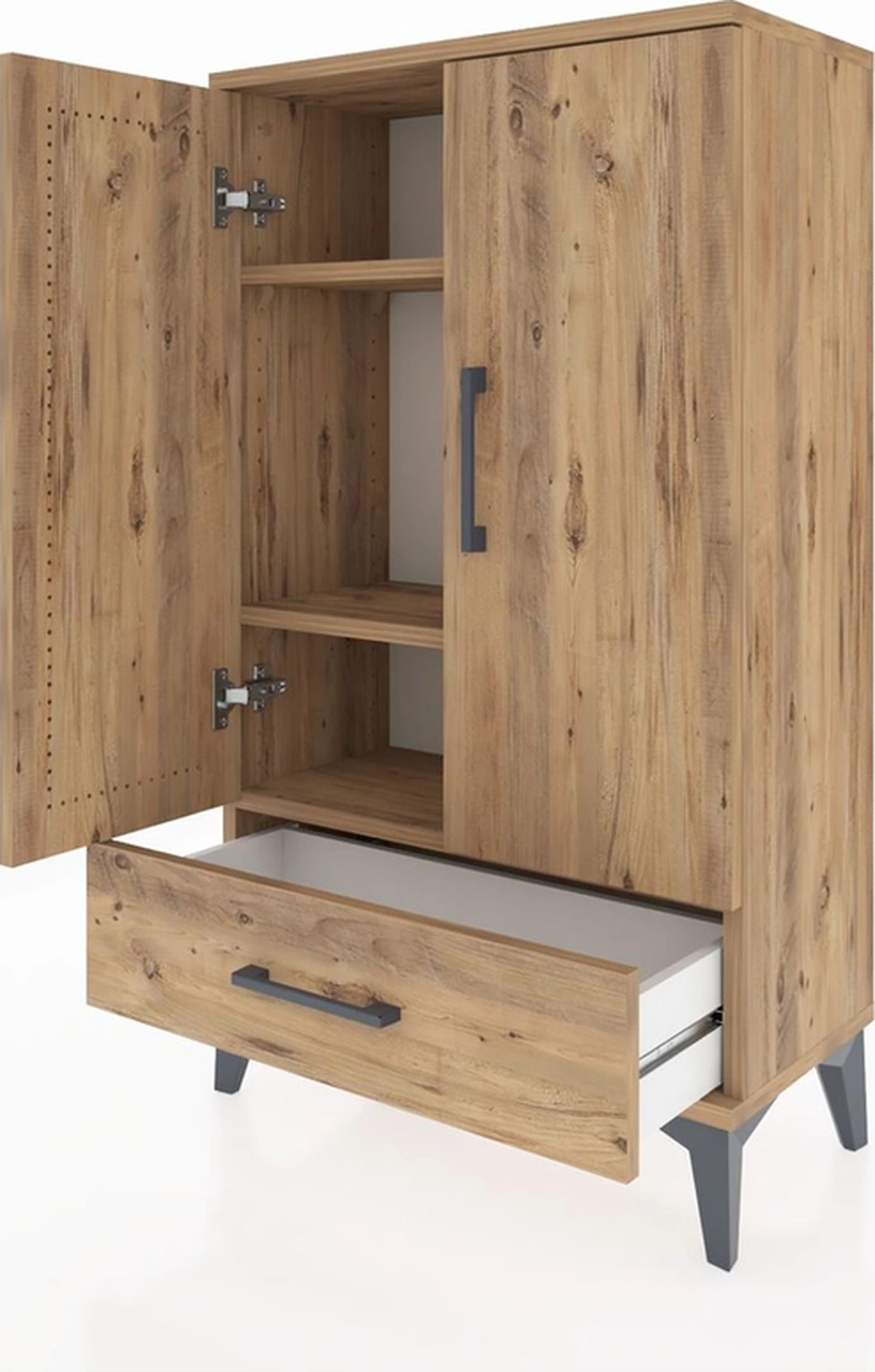 Arges Komodin 3 Raflı Tek Çekmeceli 2 Kapaklı 60x30x106 Çam-çam Çam