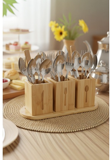 Miccho - 4 Parça Standlı Kaşıklık Kare Bambu