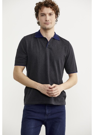 Pamuk Polo Yaka Kısa Kol Triko Tişört - Antrasit Antrasit