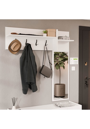 5065 Theo 4 Kapaklı 6 Raflı 4 Askılı Sağ Aynalı Portmanto Beyaz