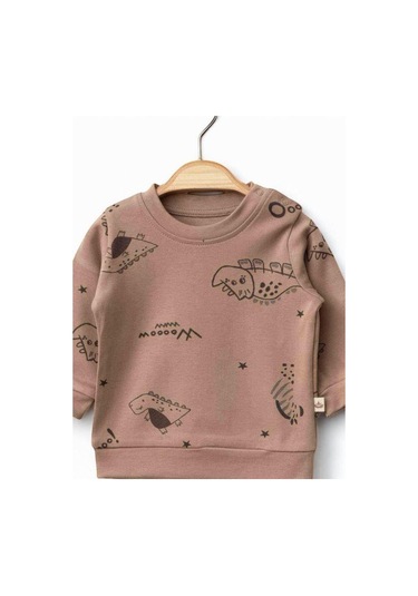 Erkek Bebek Dinazor Baskılı Organik Eşofman Takım-15481 Kahverengi