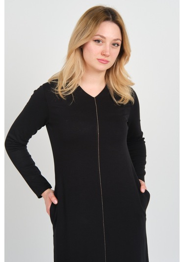 Sistas Kadın V Yaka Çift Cepli İnce Şerit Detaylı Maxi Elbise 23813 Siyah Siyah