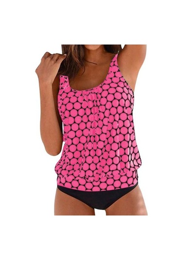 2 Adet/set Kadın Tankini Set U Yaka Kolsuz Puantiyeli Üstler Yan Büzgülü Yüzme Şortu Seti Hızlı Kuruyan Mayo Gül Kırmızısı