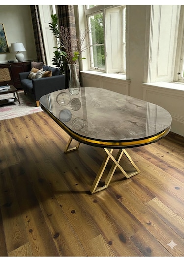 Msy Home İroni Gold/krom Detaylı Lake Panel 90 170 Cm Oval Masa Siyah