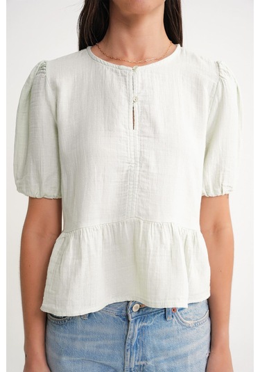 4713 Kadın Beli Büzgülü Kolu Lastikli Bol Müslin Bluz Adaçayı Adaçayı