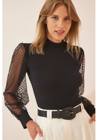 Kadın Siyah Kolu Tül Detaylı Yarım Balıkçı Kaşkorse Bluz 6160 Haki
