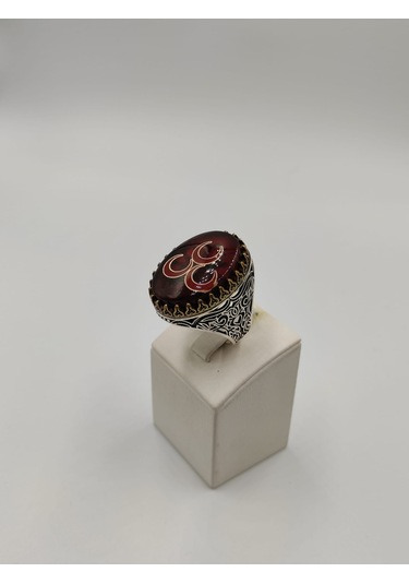 3 Hilal Kırmızı Taşlı Erkek Yüzüğü 24 Mm 925 Ayar Gümüş Yüzük