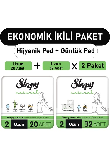 Sleepy Natural Ultra Ped Uzun 20'li + Uzun Günlük Ped 2 x 32'li