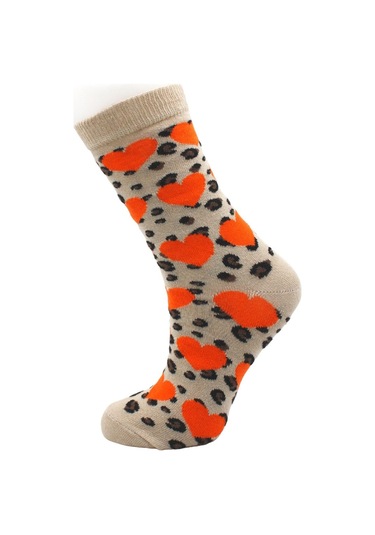 Kadın Çok Renkli Kalpli Çizgili Desenli Pamuklu Soket Uzun Çorap 4'lü Paket Çok Renkli