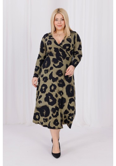 Kadın Haki Yeşil Leopar Desen Kruvaze Yaka Büyük Beden Esnek Maxi Elbise Haki