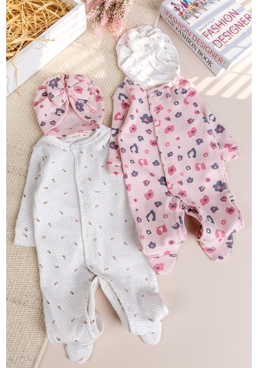 Babymod Çiçek Desenli Şapkalı 2'li %100 Kız Bebek Tulum Çok Renkli