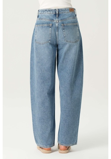 Orta Mavi Yüksek Bel Patı Fermuarlı Loose Jean Pantolon C 4934-017 Mavi