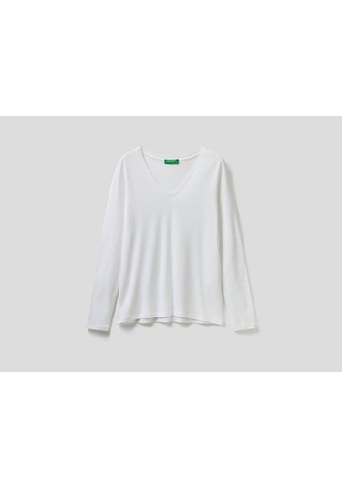 Benetton Kadın Uzun Kol Tshırt Beyaz Beyaz