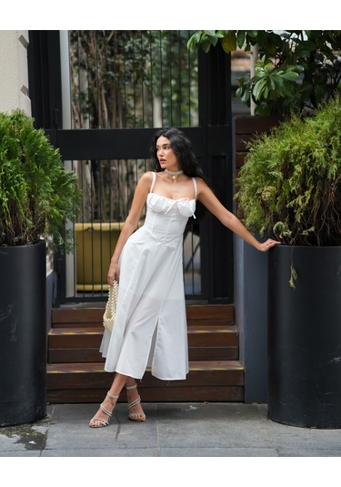 Kadın Askılı Sırt Bağlamalı Tasarım Midi Elbise Beyaz