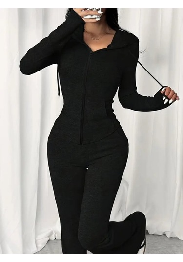 Tua Moda Kadın Uzun Kollu Kapşonlu Bağcıklı Önü Fermuarlı Viskon Iki Iplik Bluz Ve Pantolon Ikili Takım Siyah Tua Moda Kadın Uzun Kollu Kapşonlu Bağcıklı Önü Fermuarlı Viskon Iki Iplik Bluz Ve Pantolon Ikili Takım Siyah