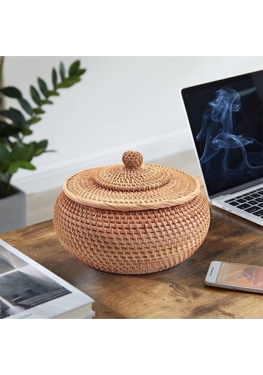 Bosphorusboutique02 Yuvarlak Rattan Sepet, Kapaklı Hasır Meyve Ekmek Kutusu, Rustik Atıştırmalık Kase Diğer