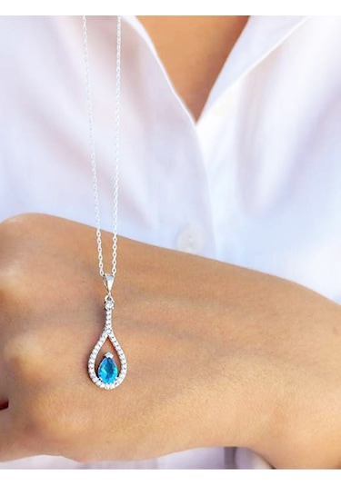 Brezza Lusso Jewelry Pırlanta Model Aquamarin Taşlı Damla Kadın Gümüş Kolye 45 CM