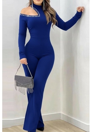 S-pazarım Kadın Tek Omuzdan Açık Balıkçı Yaka Taş Detaylı Uzun Ithal Krep Tulum Saks Mavi