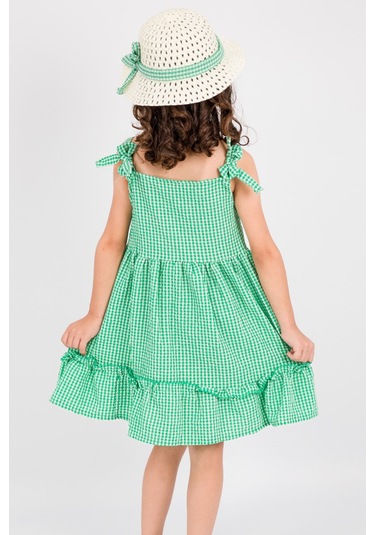 Kız Çocuk Şapkalı Elbise Kareli Fiyonklu B33 Yeşil