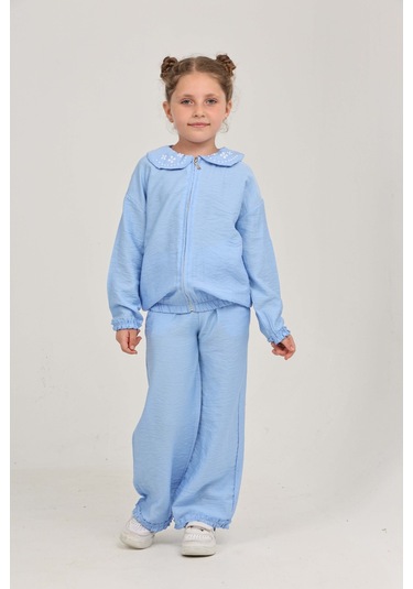 Toontoy Kız Çocuk Yaka Nakışlı Eşofman Takım Açık Mavi
