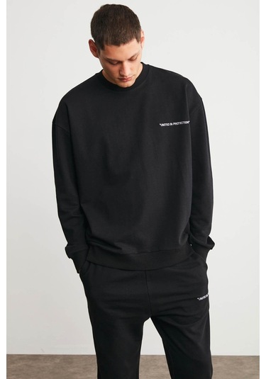 Raırok Erkek İçi Polarlı Comfort Oversize Nakışlı Siyah Sweat