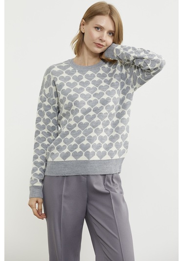 Kalp Desenli Sıfır Yaka Triko Kazak - Gri 001