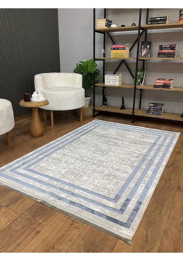 Saraz Halı Çerçeve Model Bambu Yıkanabilir Parlak Halı Mavi Çizgi Mavi-gri