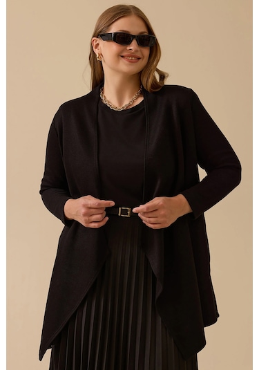 Galaxi Kadın Büyük Beden Asimetrik Kesim Triko Hırka 4004 Siyah Siyah